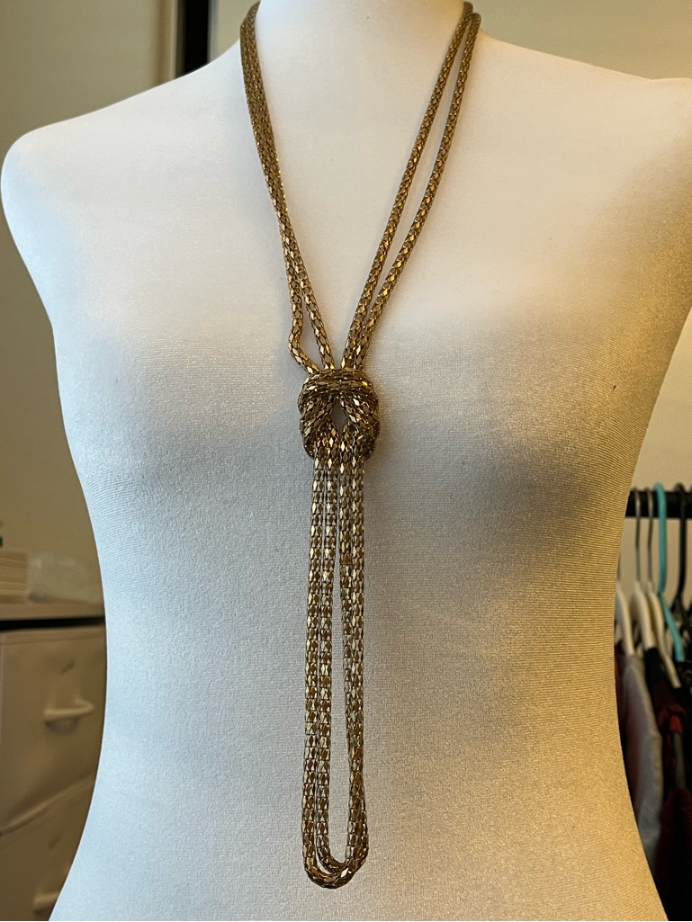 Long Gold Tassel Style Tie Necklace 40”